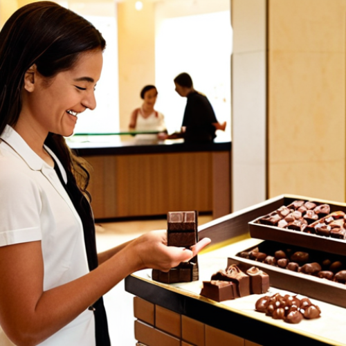 Home 4 **
A bustling resort lobby with a "surprise and delight" station. A staff member is handing a guest a small, artisanal chocolate. The lobby is modern, well-lit, and inviting, suggesting a personalized and memorable guest experience. Focus on warm lighting and a friendly atmosphere.
**
