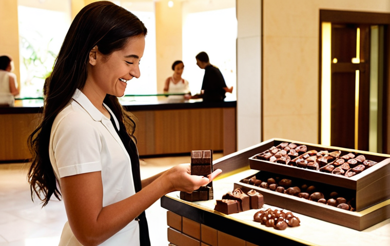 **
A bustling resort lobby with a "surprise and delight" station. A staff member is handing a guest a small, artisanal chocolate. The lobby is modern, well-lit, and inviting, suggesting a personalized and memorable guest experience. Focus on warm lighting and a friendly atmosphere.
**